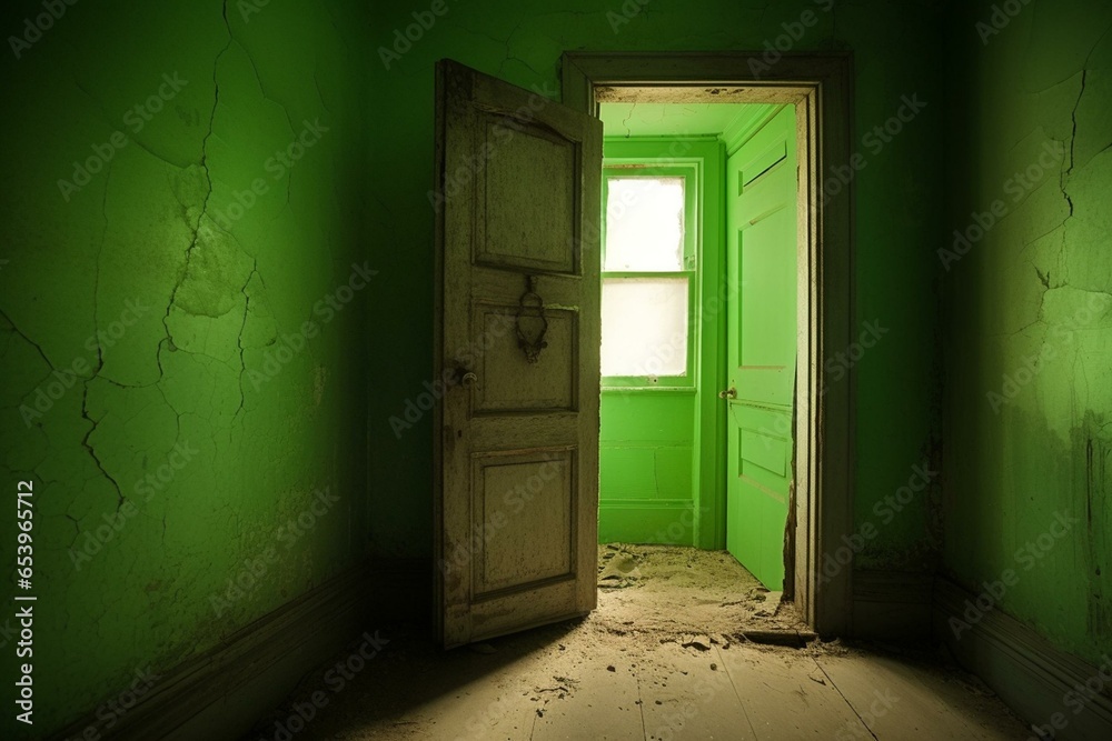 Green door inside a room. Generative AI