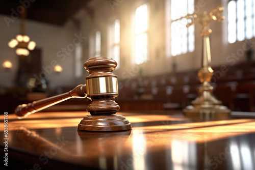 Judge's gavel resting on desk, with blurry background. Concept of legal and justice-related designs, courtroom scenes, and projects that symbolize law and order.