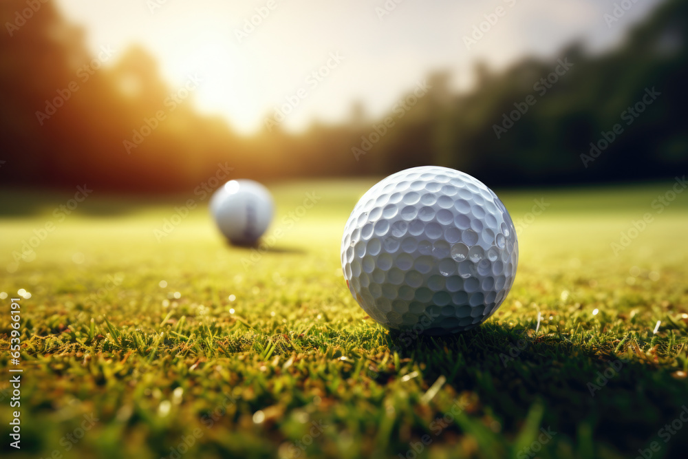 Two golf balls sitting on top of lush green field. Perfect for golfing enthusiasts or sports-related designs Two golf balls sitting on top of lush green field. Perfect for golfing enthusiasts or sports-related designs