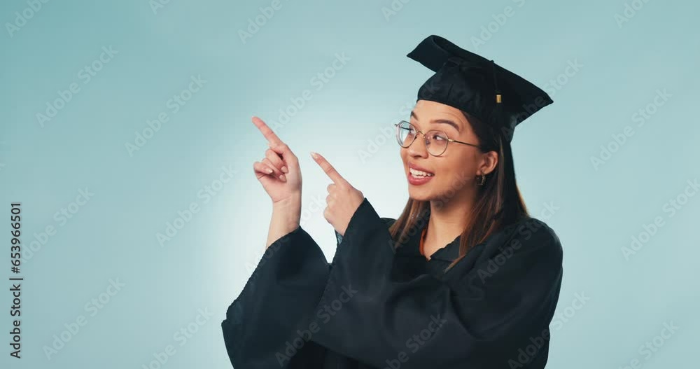 Face, graduation and woman with celebration, pointing and achievement ...