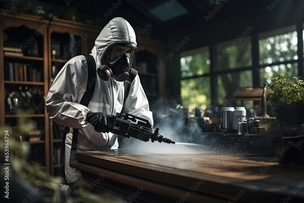 An exterminator in work clothes sprays pesticides with a spray gun - obrazy, fototapety, plakaty 