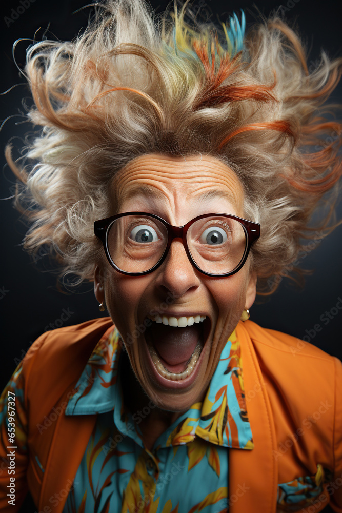 Close-up of an elderly funny crazy teacher woman with a funny hairstyle in the classroom with opened mouth Close-up of an elderly funny crazy teacher woman with a funny hairstyle in the classroom with opened mouth