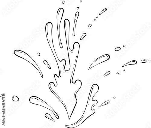 Splashes of water or paint. Spray of fountain. Vector illustration in hand drawn sketch doodle style. Line art liquid with drops isolated on white. Splash water motion. Abstract wet shapes