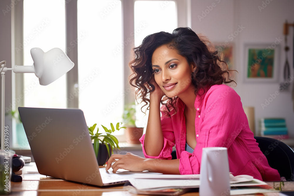 Asian woman freelancer, working on a laptop, in a bright home office. Asian woman freelancer, working on a laptop, in a bright home office.