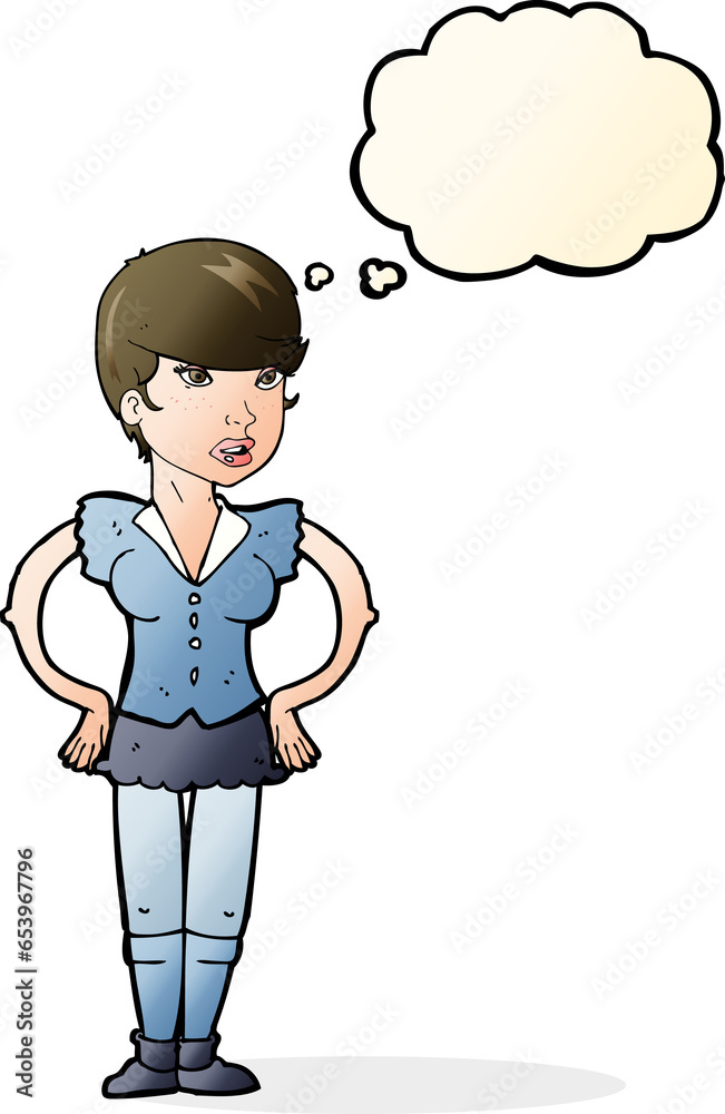 cartoon woman with hands on hips with thought bubble cartoon woman with hands on hips with thought bubble