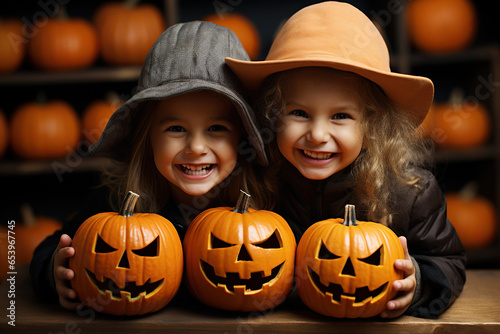 Happy children wearing a Halloween costume, holding a jack - o - lantern pumpkin in her hands