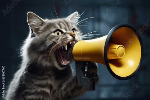 Picture of cat with its mouth open, holding megaphone. This image can be used to represent communication, expressing opinions, or making announcements