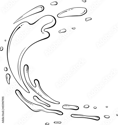 Splashes of water or paint. Spray of fountain. Vector illustration in hand drawn sketch doodle style. Line art liquid with drops isolated on white. Aqua drop element. Abstract semicircle shapes