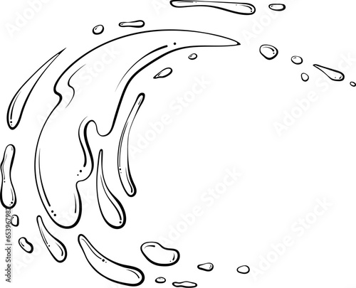 Splashes of water or paint. Spray of fountain. Vector illustration in hand drawn sketch doodle style. Line art liquid with drops isolated on white. Dripping liquid motion. Abstract semicircle shapes