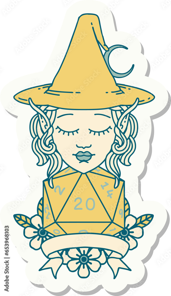 sticker of a elf mage character with natural twenty dice roll sticker of a elf mage character with natural twenty dice roll