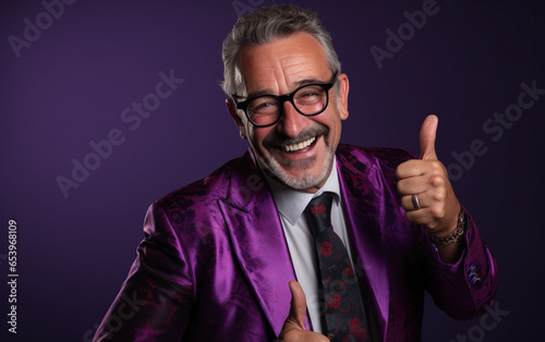 A happy smiling senior man with thumb up, colorfully dressed, on purple background