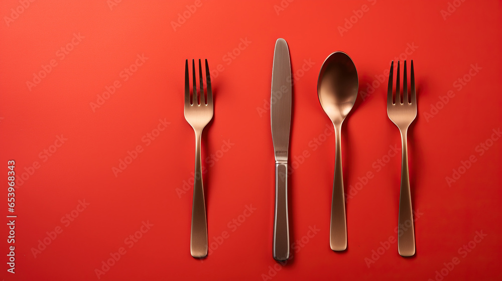 Kitchen tools like spoons, fork, knives on red isolated background Kitchen tools like spoons, fork, knives on red isolated background