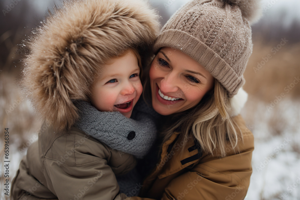 Mother play with little son on winter Mother play with little son on winter