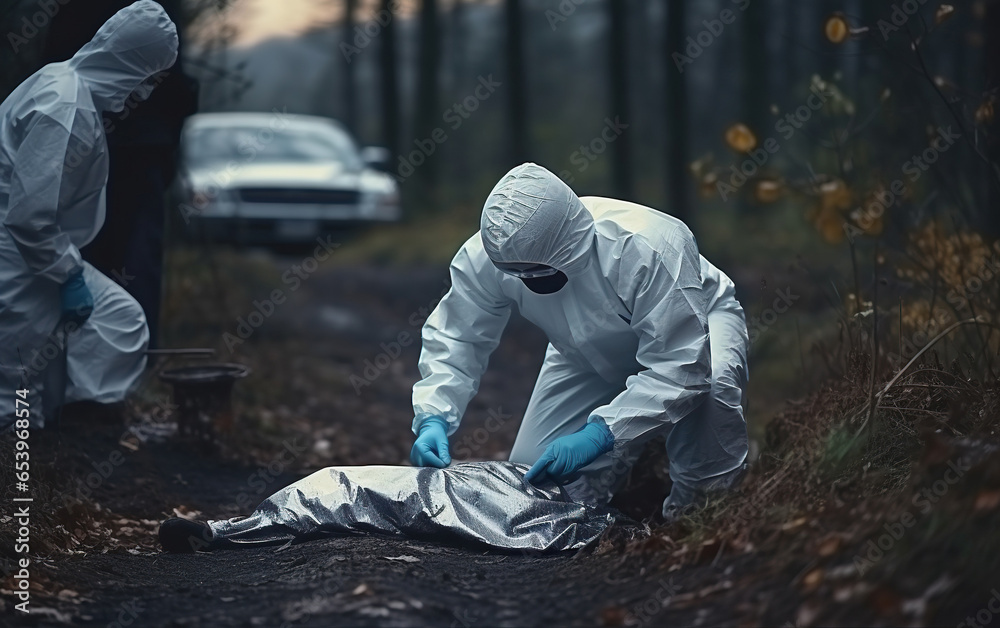 Criminologist in protective gloves and wearing face masks working with dead body at crime outdoors - obrazy, fototapety, plakaty 