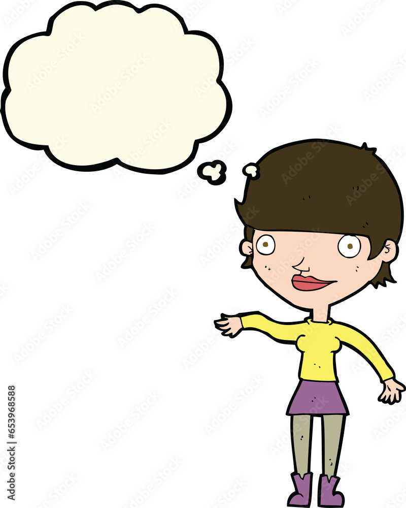 cartoon happy woman  with thought bubble