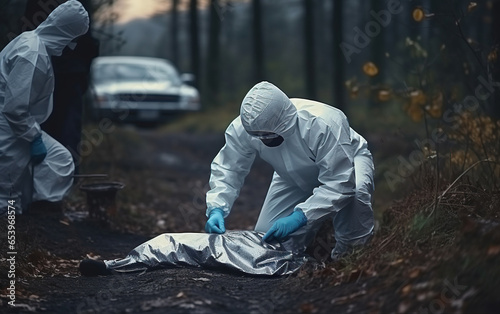 Criminologist in protective gloves and wearing face masks working with dead body at crime outdoors