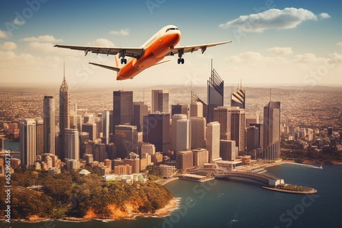 Airplane soaring above iconic Sydney. Generative AI