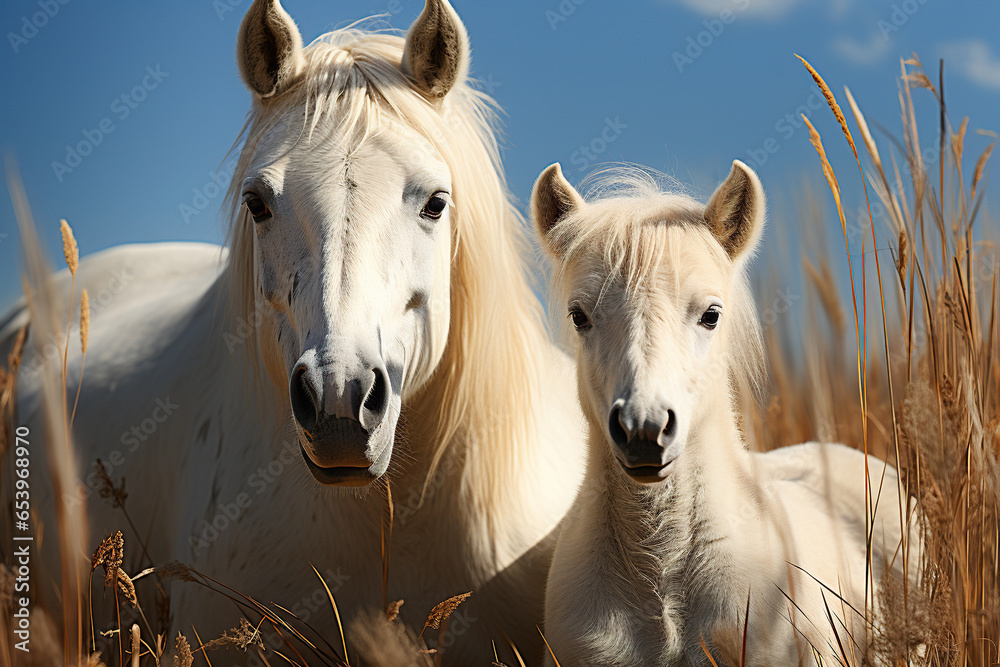 Obraz premium White Mare together with a little foal