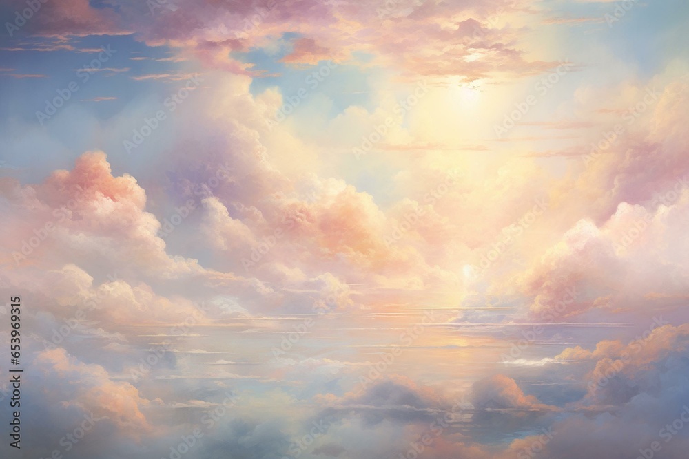 Scenic cloudscape in a dreamy summer setting portrayed through captivating artwork. Generative AI