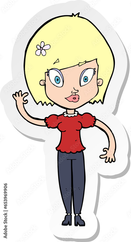 sticker of a cartoon pretty woman waving sticker of a cartoon pretty woman waving