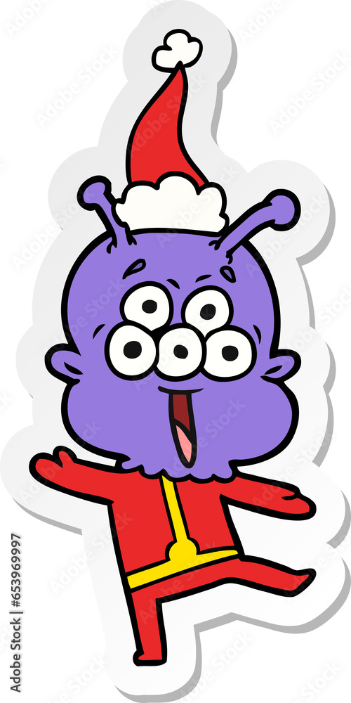 happy hand drawn sticker cartoon of a alien dancing wearing santa hat happy hand drawn sticker cartoon of a alien dancing wearing santa hat