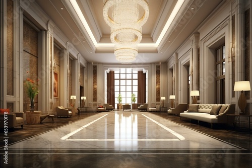 Elegant hotel lobby design. Realistic mock-up of hotel reception area. Generative AI © Jeff