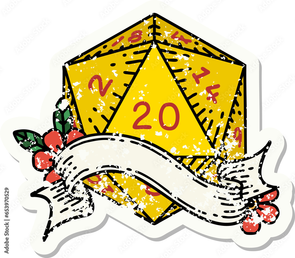 grunge sticker of a natural twenty D20 dice roll grunge sticker of a natural twenty D20 dice roll