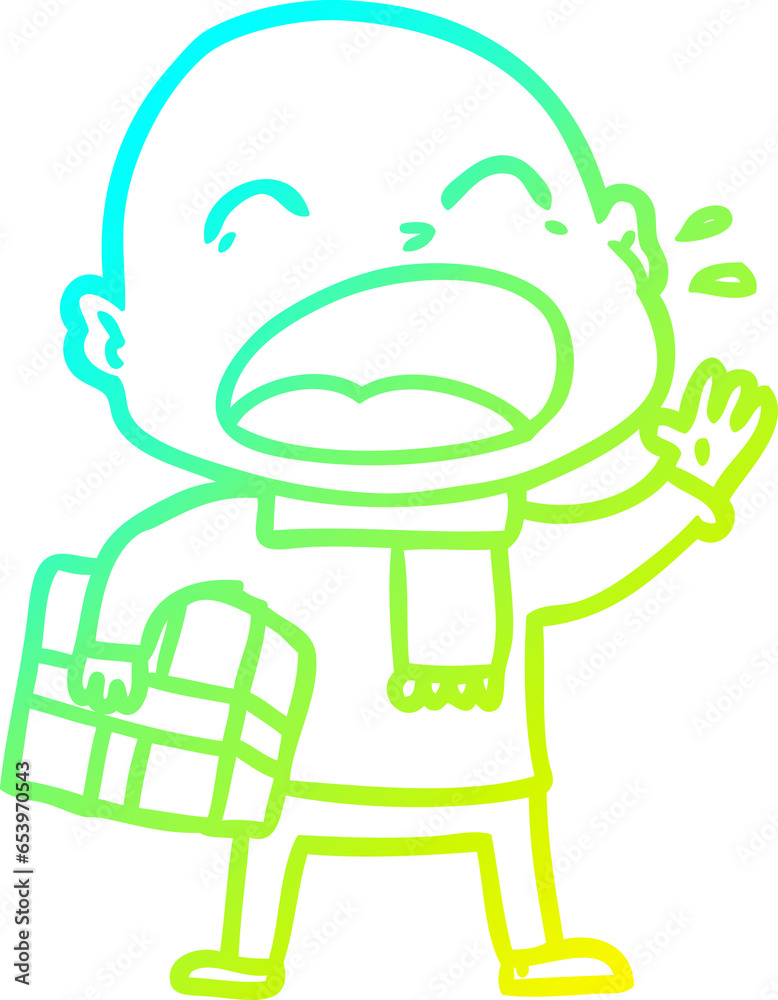 cold gradient line drawing of a cartoon shouting bald man with present cold gradient line drawing of a cartoon shouting bald man with present