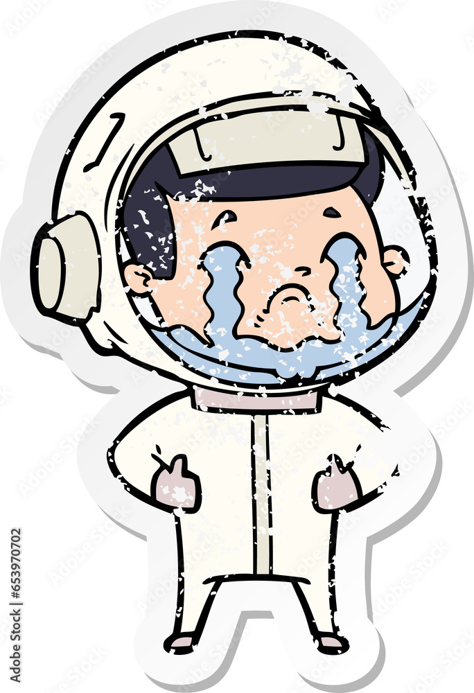 distressed sticker of a cartoon crying astronaut