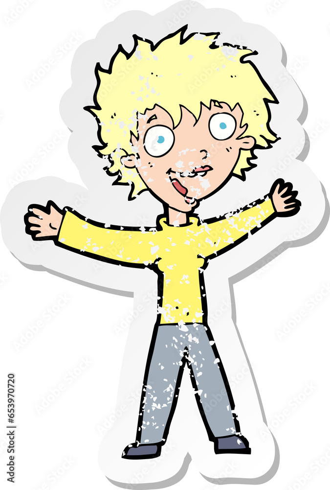 retro distressed sticker of a cartoon excited woman retro distressed sticker of a cartoon excited woman