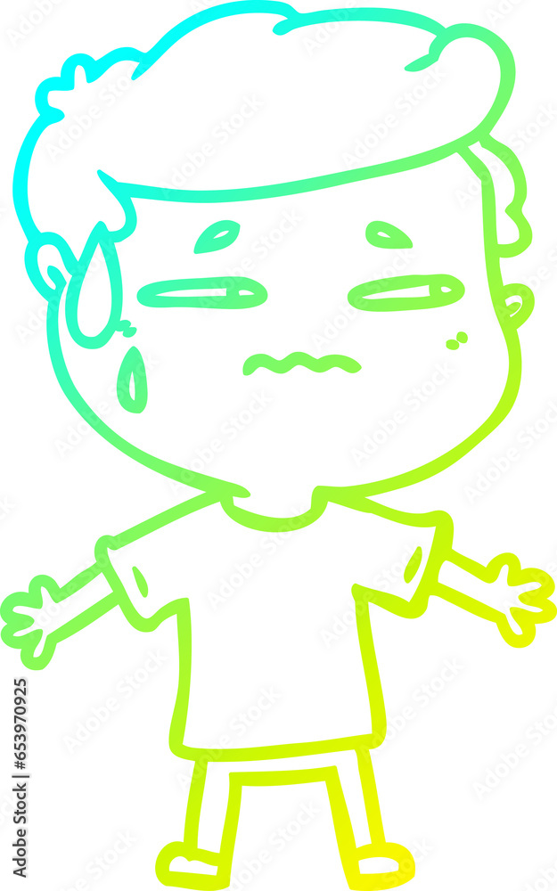 cold gradient line drawing of a cartoon anxious man