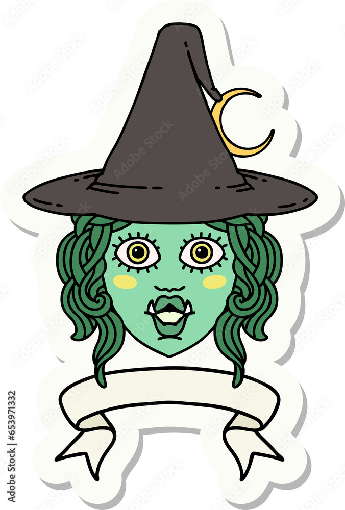 sticker of a half orc witch character face with banner sticker of a half orc witch character face with banner