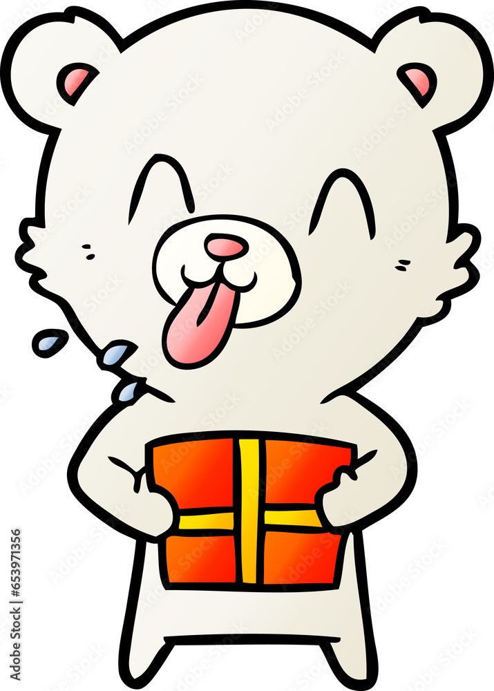 rude cartoon polar bear sticking out tongue with present rude cartoon polar bear sticking out tongue with present