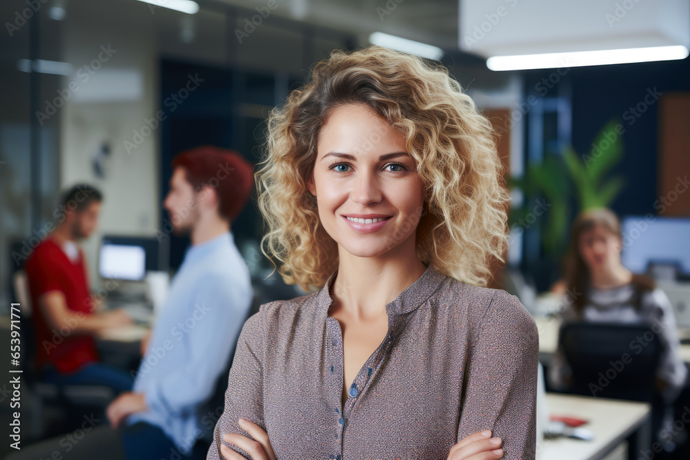 businesswoman smiling in an office space