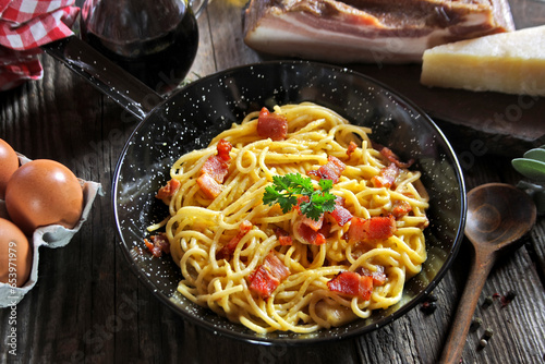 Carbonara pasta. Spaghetti with pancetta, egg and parmesan cheese - traditional italian dish 