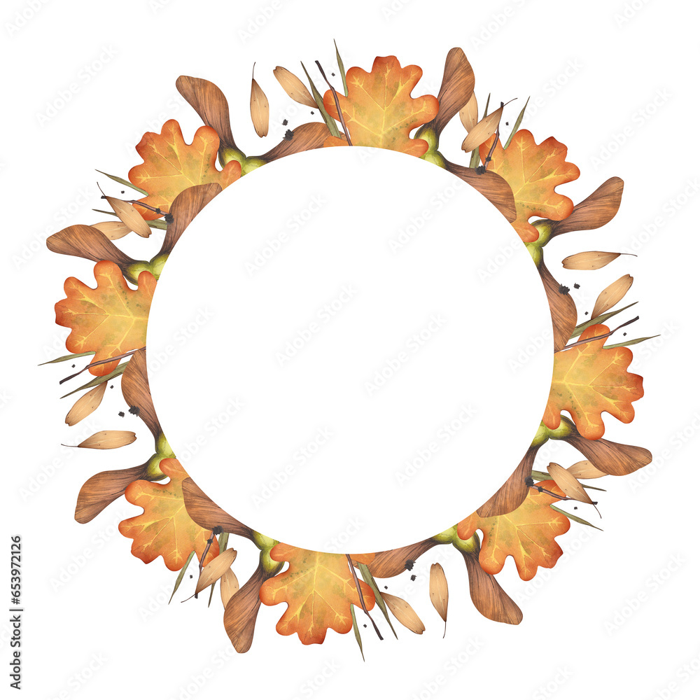 Wreath of autumn fallen leaves. Deciduous trees and seeds. Watercolor illustration. For card, poster, background, book design