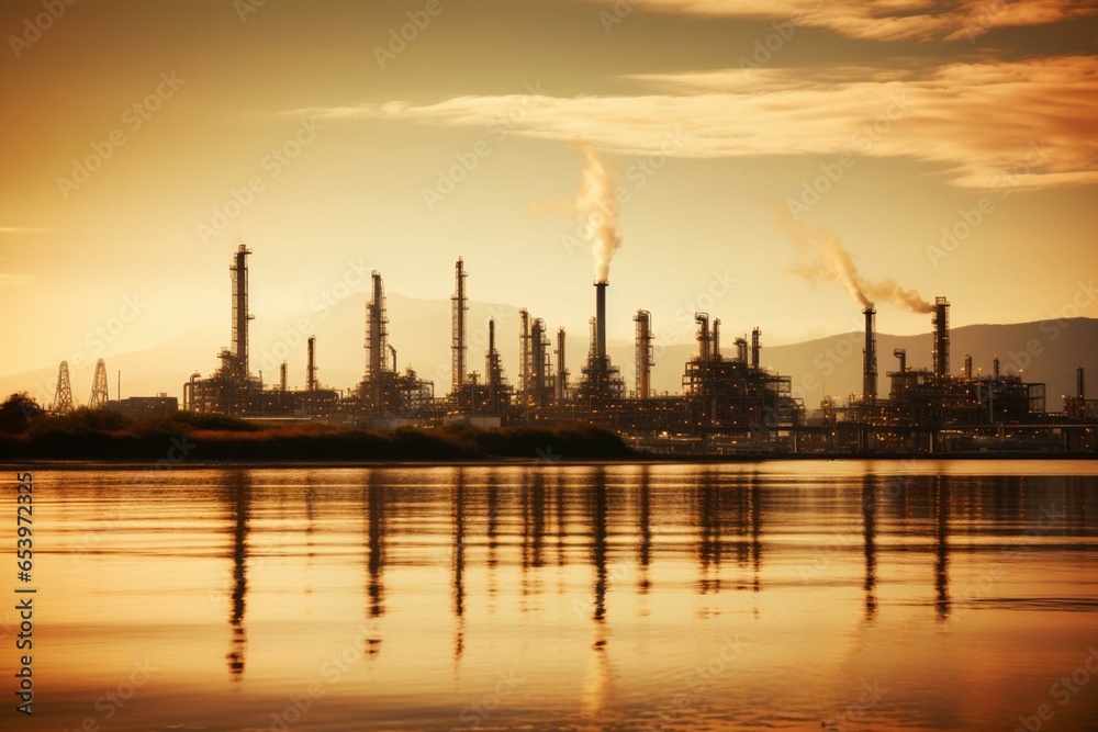 Oil industry and refineries viewed near the ocean waters. Generative AI