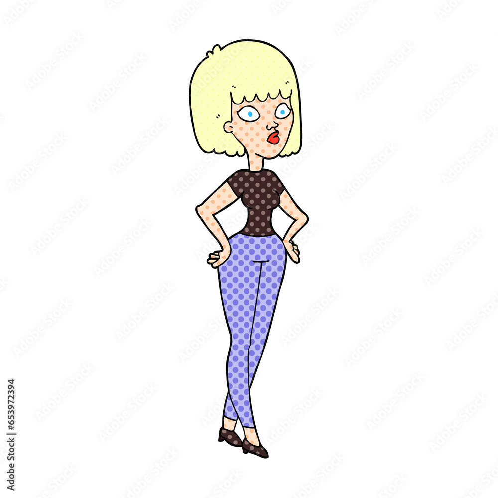 freehand drawn cartoon woman with hands on hips freehand drawn cartoon woman with hands on hips