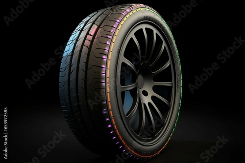 3D rendering of contemporary tubeless tire on steel car rim, displayed on white background with colored alpha channel. Generative AI