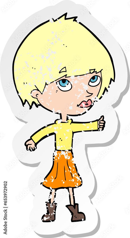 retro distressed sticker of a cartoon woman giving thumbs up symbol retro distressed sticker of a cartoon woman giving thumbs up symbol