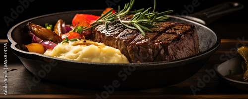 Beef steak with mashed potatoes and roasted vegetables served on a black plate,  juicy steak. 