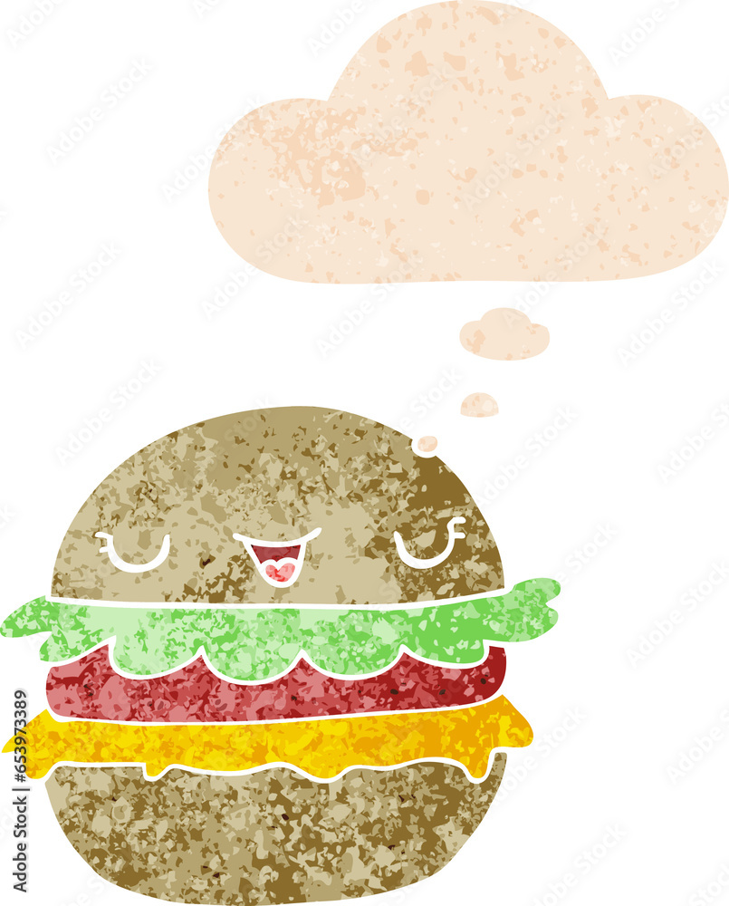 cartoon burger with thought bubble in grunge distressed retro textured style