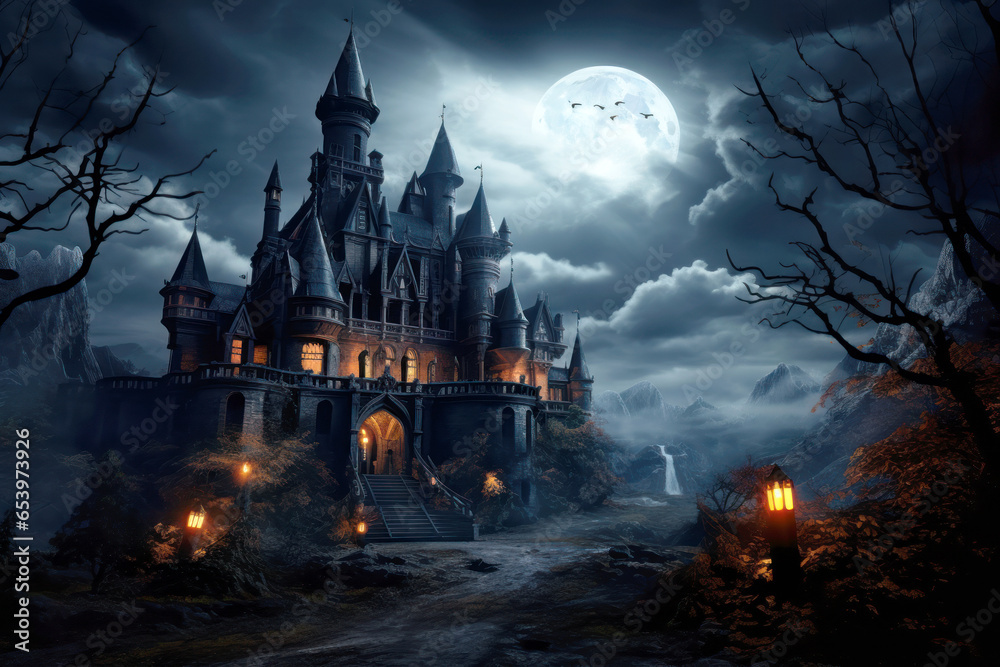 Old Gothic castle in haunted spooky forest on scary Halloween night