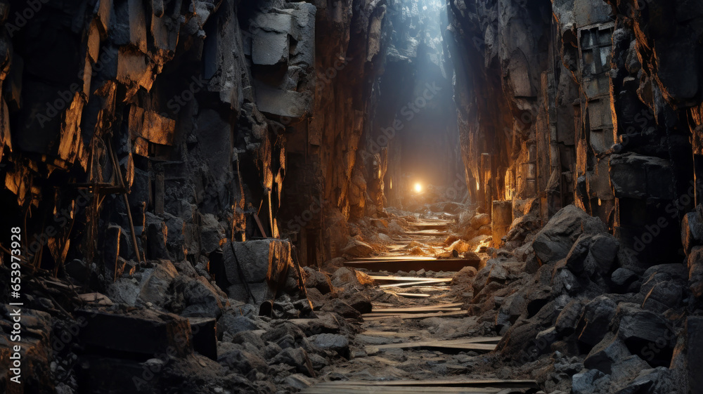 Dark mine tunnel, cave with rocks and wood, old underground passage - obrazy, fototapety, plakaty 