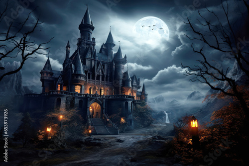 Old Gothic castle in haunted spooky forest on scary Halloween night