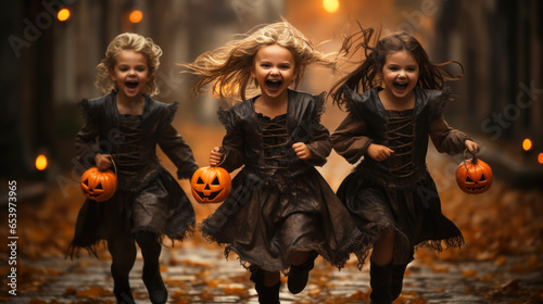 Happy girls in Halloween costumes, children run on street to kid party