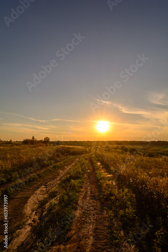 Dirt road in a green field, leading to a large sun, during the golden hour, with sun glares.