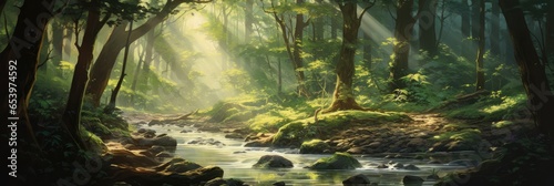 stream running through a forest, dappled light through the trees, generative AI