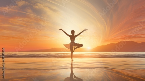 Athletic woman meditates and dances on the beach. Silhouette against the backdrop of a sunset or dawn, a beautiful landscape and unity with nature. Yoga, Pilates, Chakra and Zen meditation