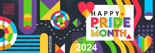 HAPPY PRIDE MONTH abstract background design geometric template. Vector Banner for Gay Pride Month 2024. Flat color rainbow shape Happy Pride Day.